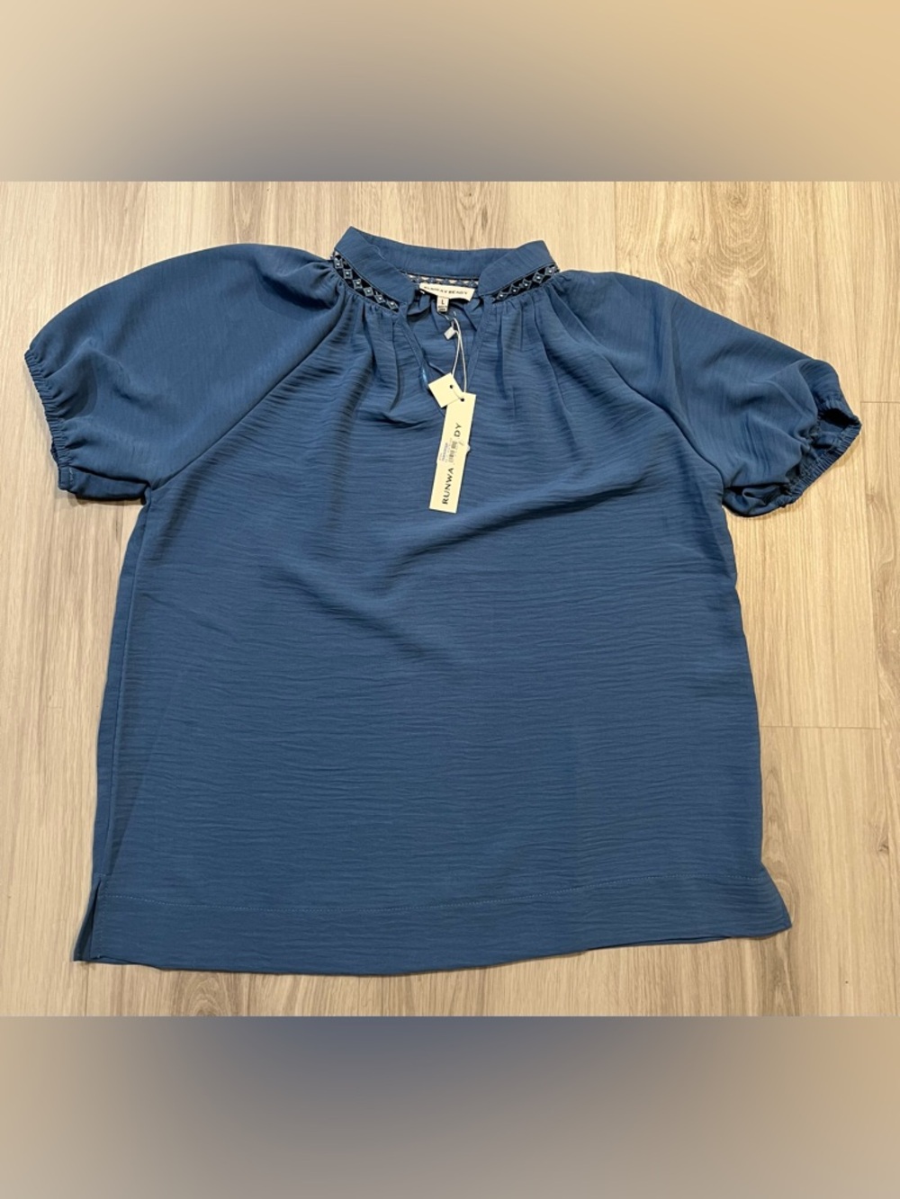 RUNWAY READY Blue Beaded Collar Puff Sleeve Blouse